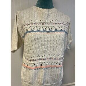 Vintage 80s Knit Sleeveless Sweater Tank • Pastel Pointelle Fair Isle Size M/L